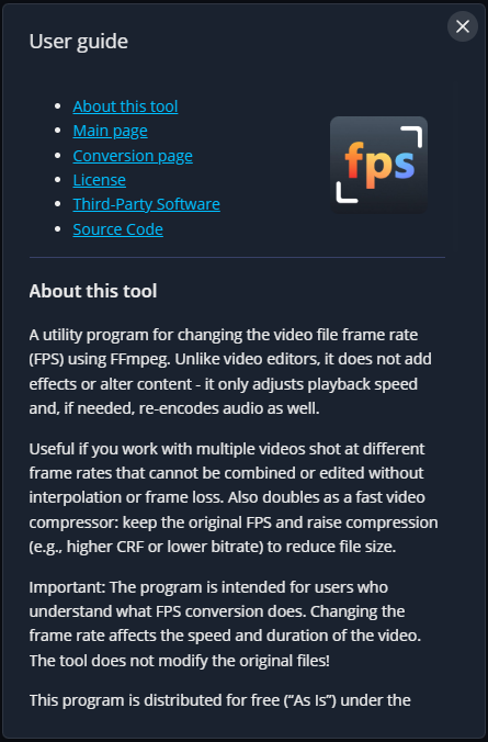 Free-FPS help section with usage instructions and tips