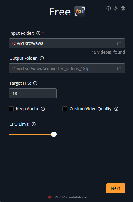 Free-FPS home screen with video selection and FPS conversion settings