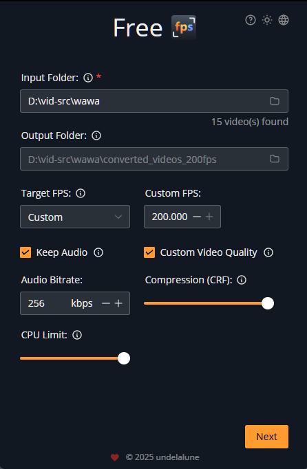 Free-FPS video converter interface showing FPS conversion settings, batch processing queue, and video quality controls for Windows and macOS
